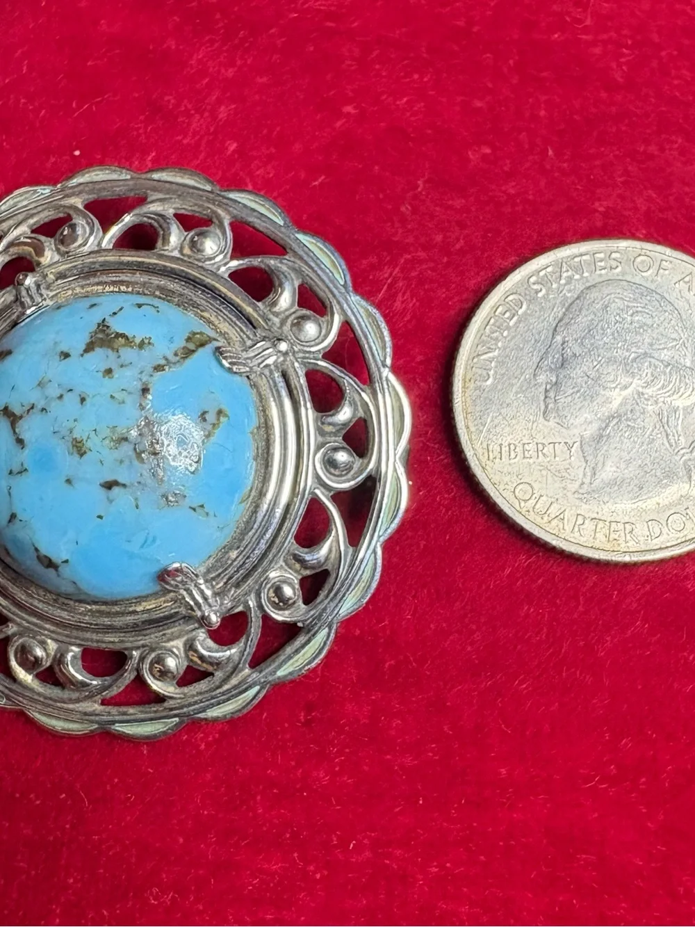 Brooch Genuine Turquoise & 925 Sterling Silver Vintage Art Nouveau Pin